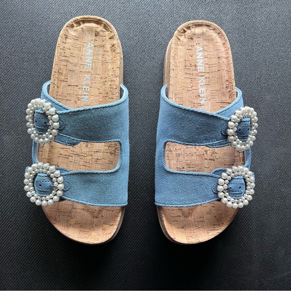 Anne Klein Denim Blue Double Buckle Slide Sandals with Pearl Buckles